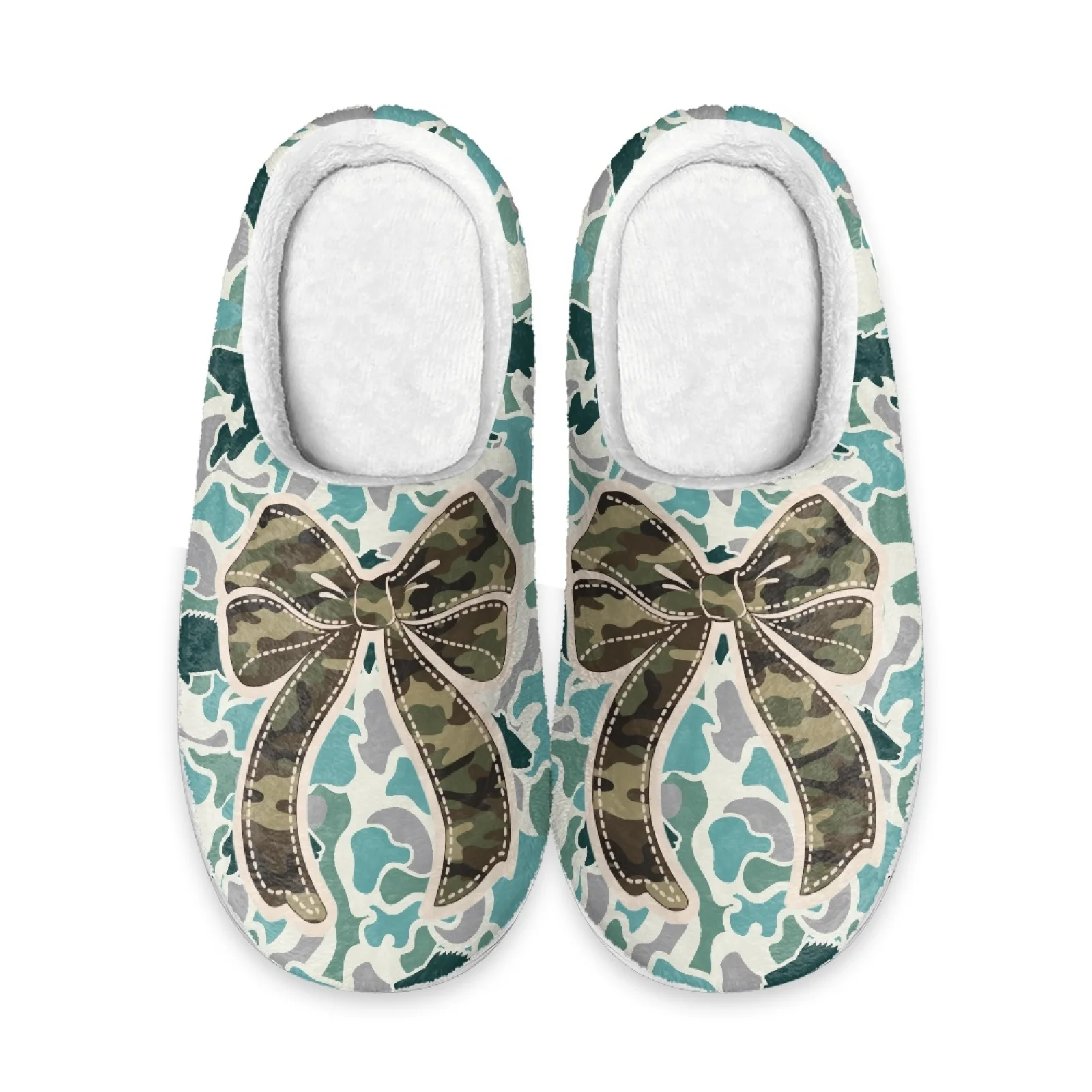 PENSTROLL Camouflage Bow Pattern Wide Width Plush Slides Cotton Slippers for Home Wfh Cozy Essentials Slippers