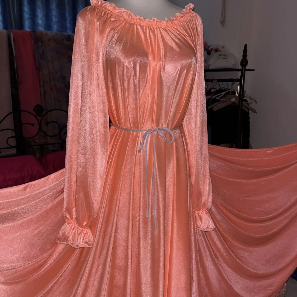 Glossy Ice Silk Ruffles Women Satin Ruffles Long Maxi Dress Elegant Dresses