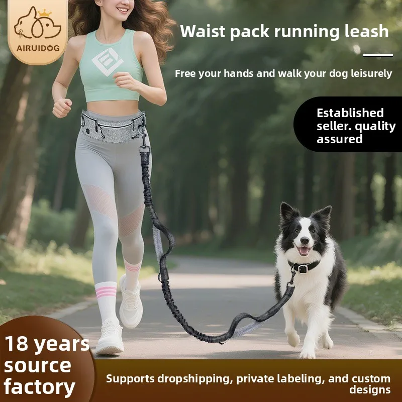 

Hands Free Dog Leash, Running Waist Belt with Zipper Pouch & Dual Padded Handles, Reflective Bungee for Walking Jogging