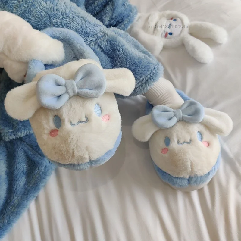 Sanrio Cinnamoroll домашние пушистые тапочки Y2k женские зимние туфли Contton теплые плюшевые Нескользящие пушистые кавайные туфли с вышивкой