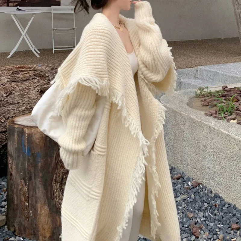 Apricot Loose Cardigan Women streetwear Autumn Oversized Tassel Long Knitwear Open Stitch Pocket Elegant Knitted Coat Winter