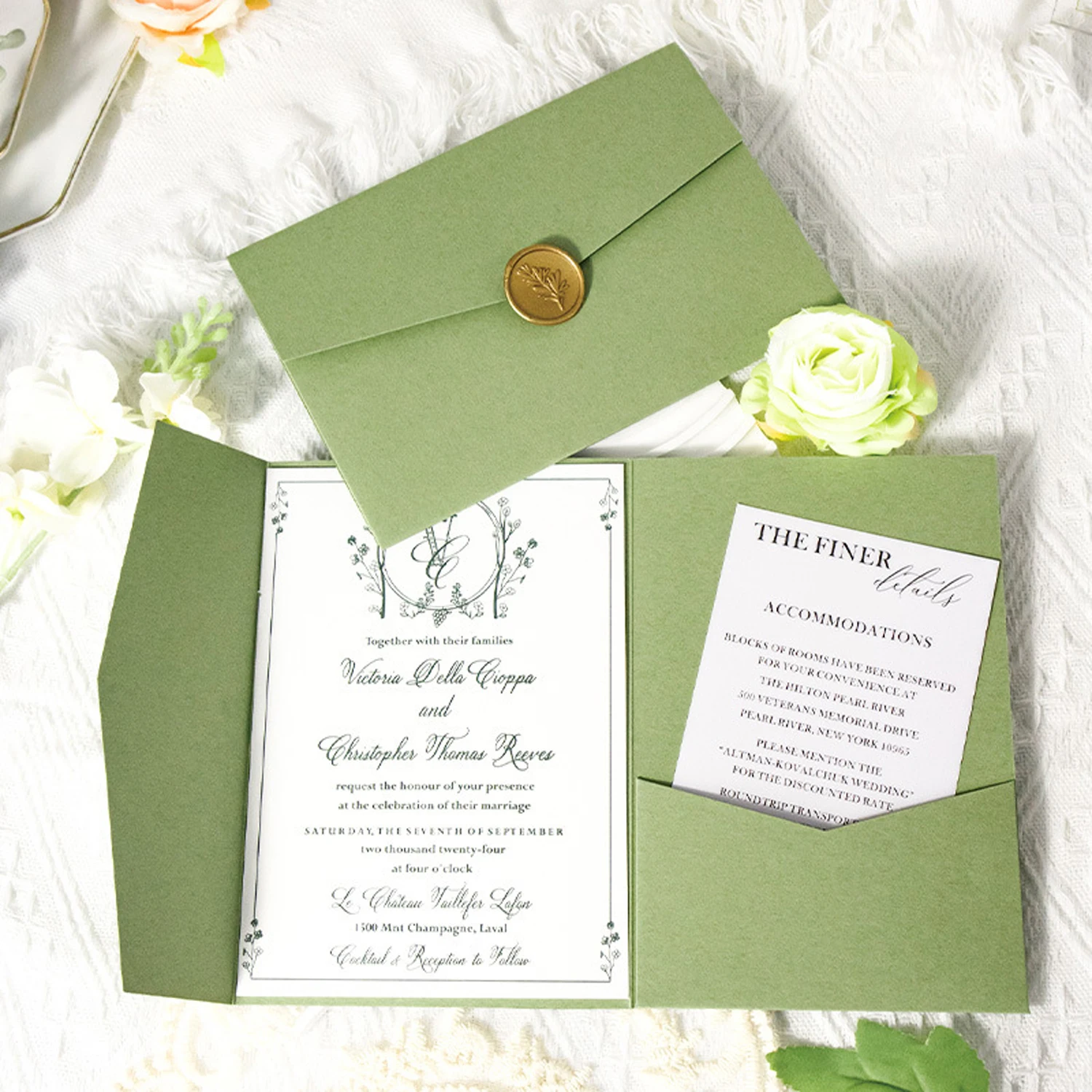 

50 Sets Sage Green Tri Fold Pocket Wedding Invitation Card 5x7 inch, Customized Print XV Birthday Baptism Invitations IC160
