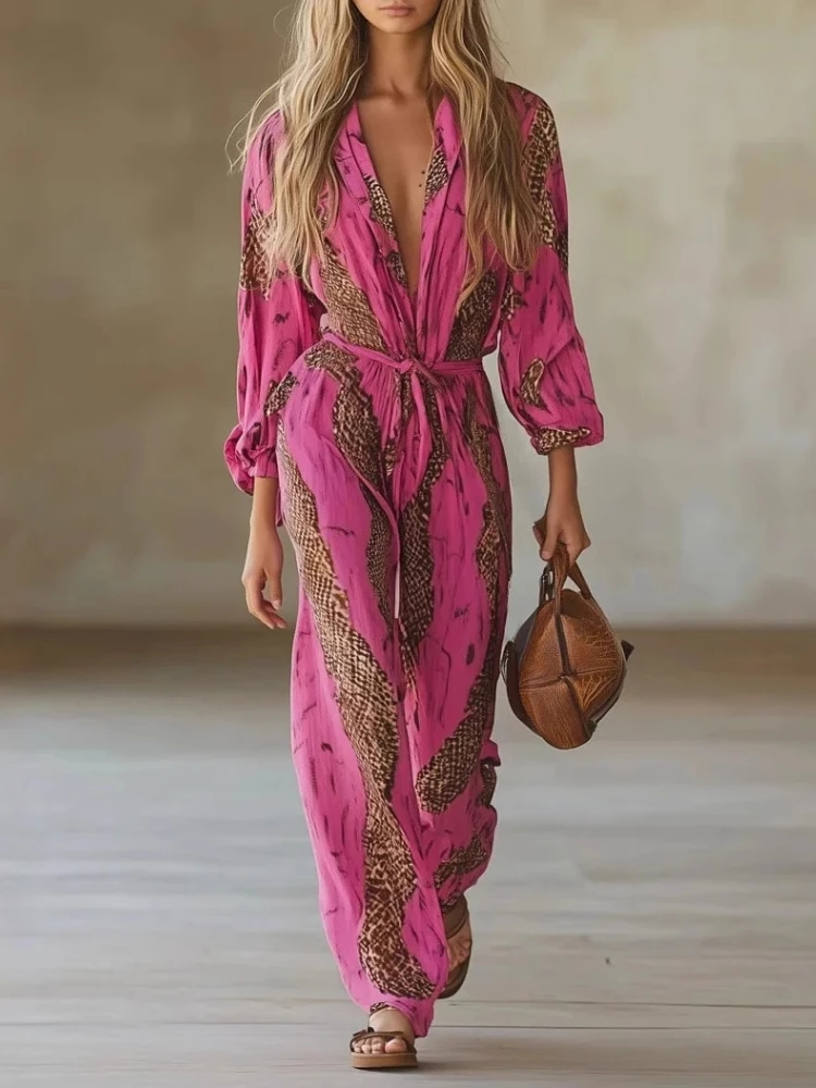 

Женский элегантный цельный костюм, комбинезон с глубоким v-образным вырезом и длинными рукавами с цифровым принтом, 2025 г., свободные комбинезоны с высокой талией на шнуровке