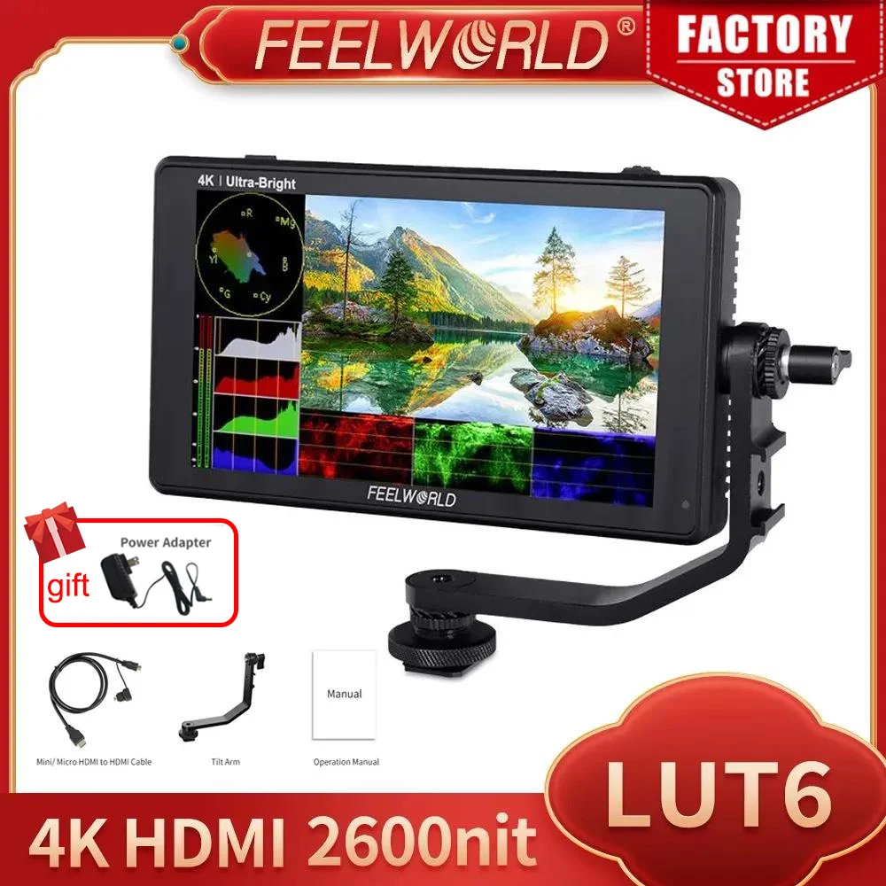 FEELWORLD LUT6 6 Inch IPS 2600nits 3D LUT HDR Touch Screen Camera Field Monitor with Waveform Vector Scope for DSLR  Cameras