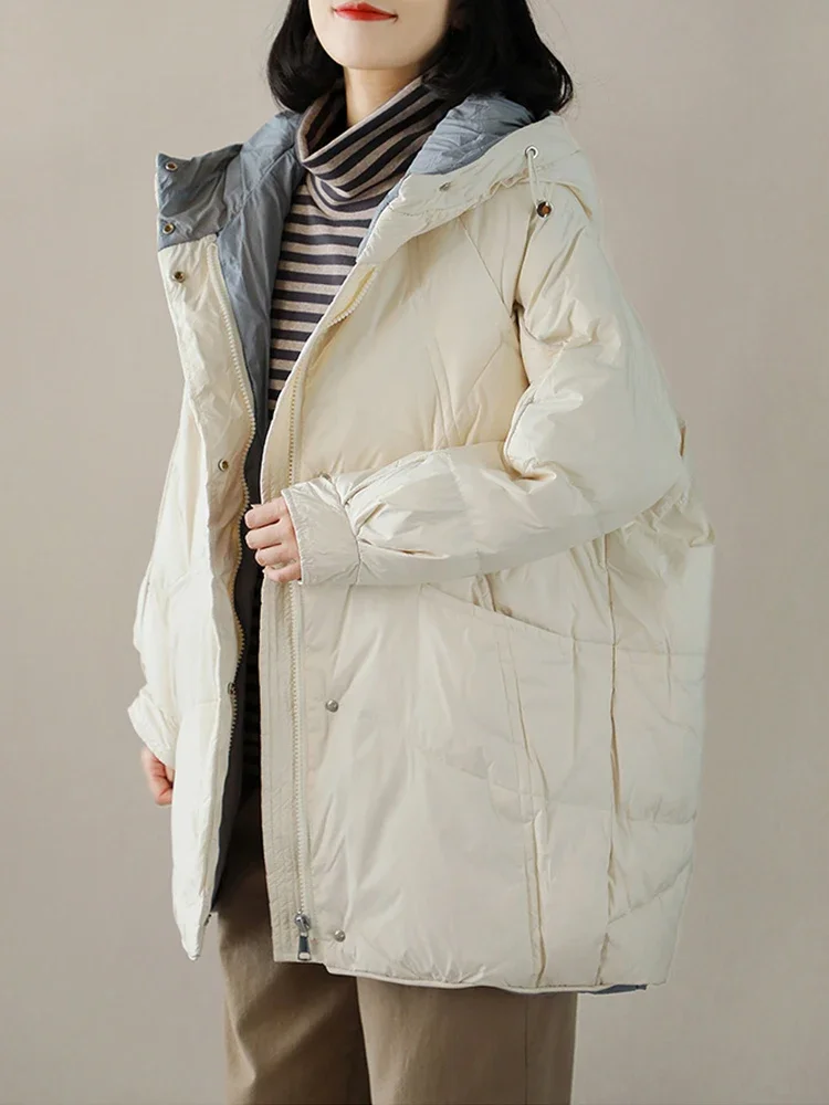Women's Casual Loose Fitting Hooded Down Pie Chain Thick Warm White Duck Down Coat Women's Down Jacket Women Winter Down Jacket