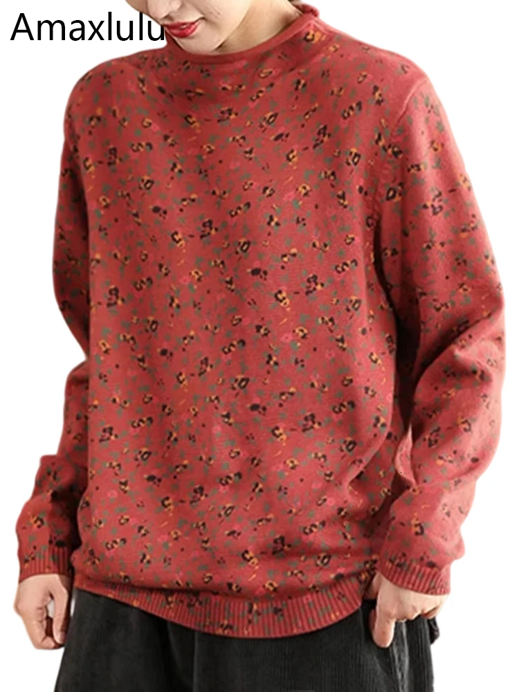 

Amax luluE Turtleneck Winter Ladies Printed Casual Pullover Classic Cotton Sweaters Vintage Loose Elegant Floral Knitted Clothes