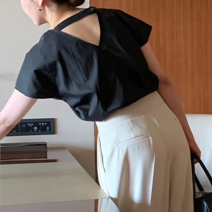 

Design Sensation Back Strap Short Sleeve Shirt Feminine Touch Cotton Blend Summer Casual Wear for Young Women