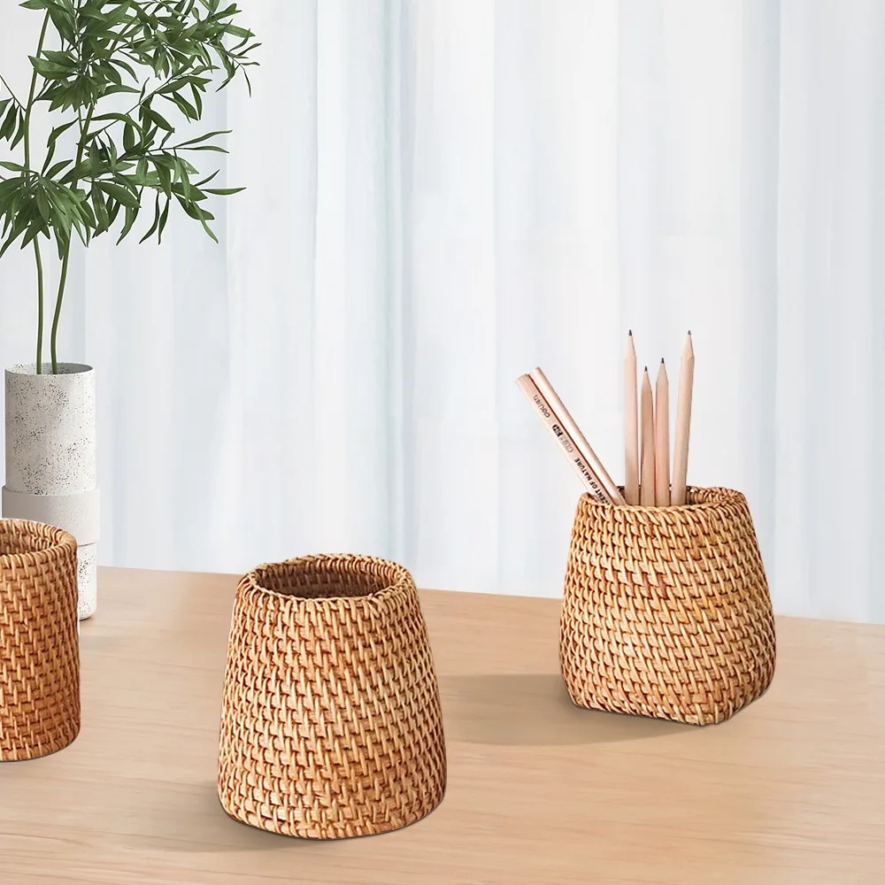 

Student Start School Office Supplies Rattan Woven Handmade Creative Pen Holder Desktop Storage Box Pen Insert