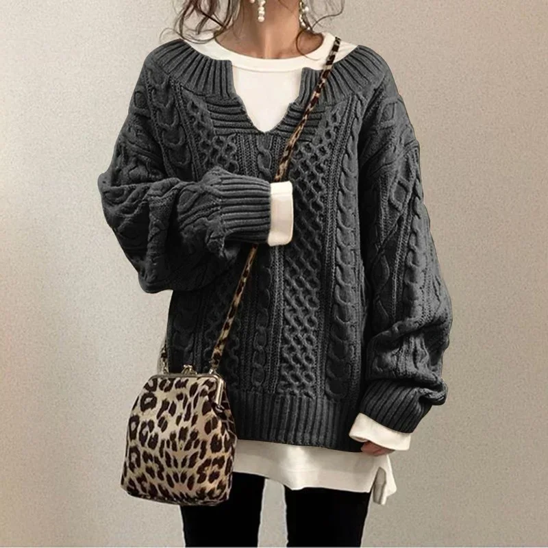 Women V-neck Long Sleeve Pullover Lazy Style Sweaters Twist Pattern Loose Casual Lady Vintage Knitted Sweater Autumn and Winter