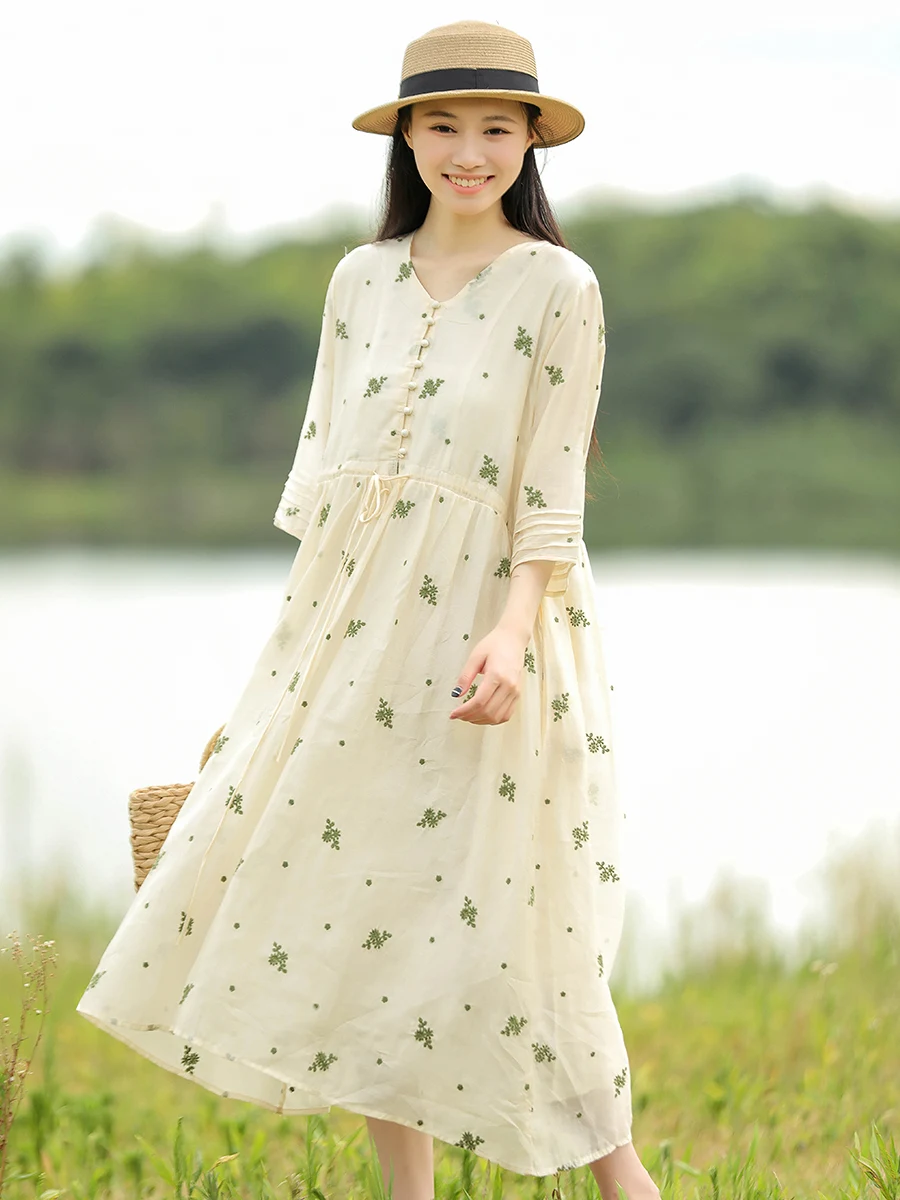 

Ele Silk Linen Embroidered Dr Women's New Sle Summer Chinese Simple Elegance Waist Cinching Slimming Long Dr
