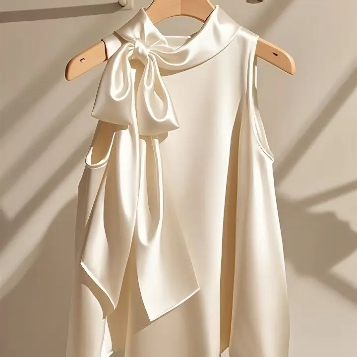 بلوزة نسائية برقبة رسن 2026 صيفية بدون أكمام قميص أنيق من الساتان بعقدة على الموضة