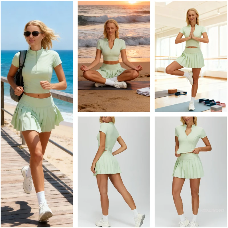 VITALINOVO Tennisrock-Sets für Damen, Rundhals-Camisole-Oberteil, passend dazu hochtaillierter, plissierter Sportrock für Damen, ideal für Tennis, Golf und Workouts – Detail 15
