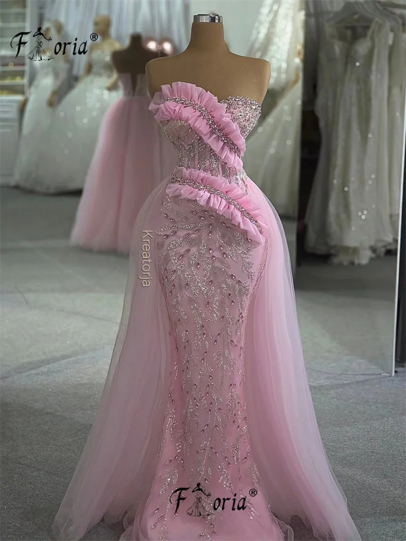 

Gorgeous Full Beaded Mermaid Party Dress Pink Crystal Ruffles Formal Dinner Evening Dresses with Tulle Train Elegant Galas 2026
