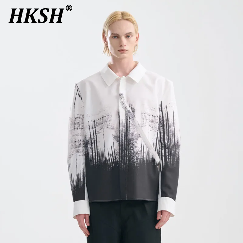 

HKSH 2024 Spring Summer New Men's Tide Long Sleeve Shirts Black White Print Irregular Geometric Pattern Futuristic Tops HK1234