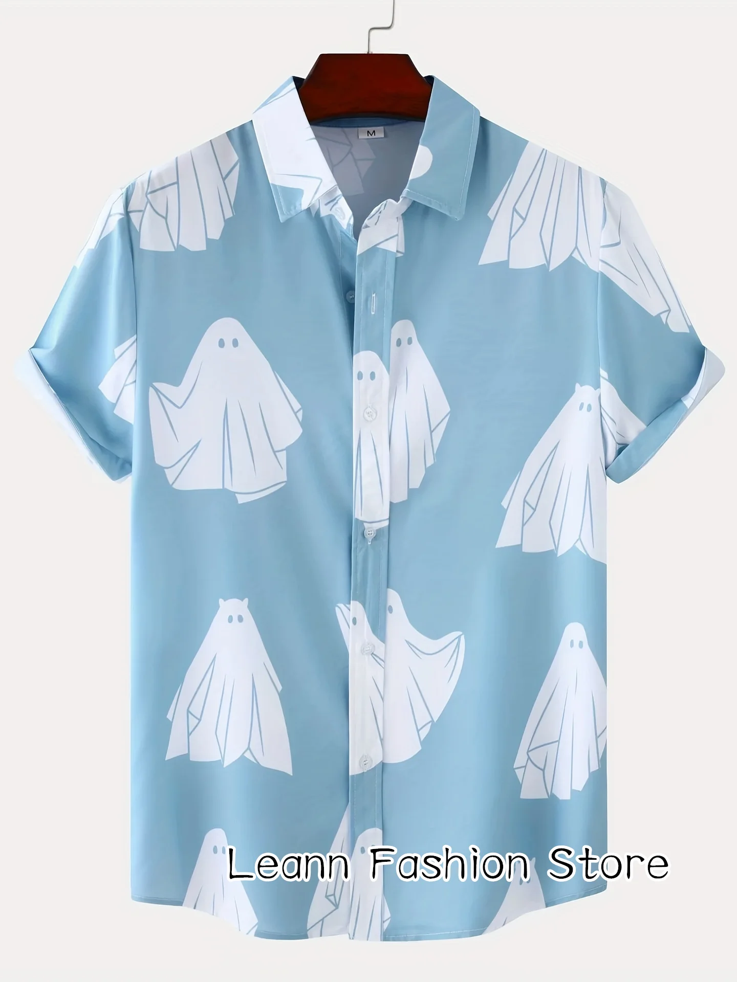 

Summer Men Fashion Beach Shirt Cute Ghost Printing Shirt Leisure Shirt Casual Hawaiian Vacation Short Sleeve Cartoon Clothing