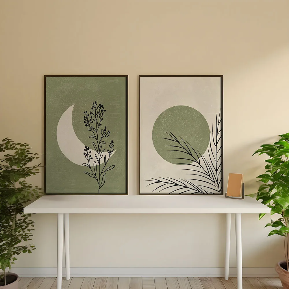 2pcs/set Bohemian Plant Moon Sun Canvas Poster Green Beige Background Landscape Wall Art Print for Modern Living Room Home Decor view 3