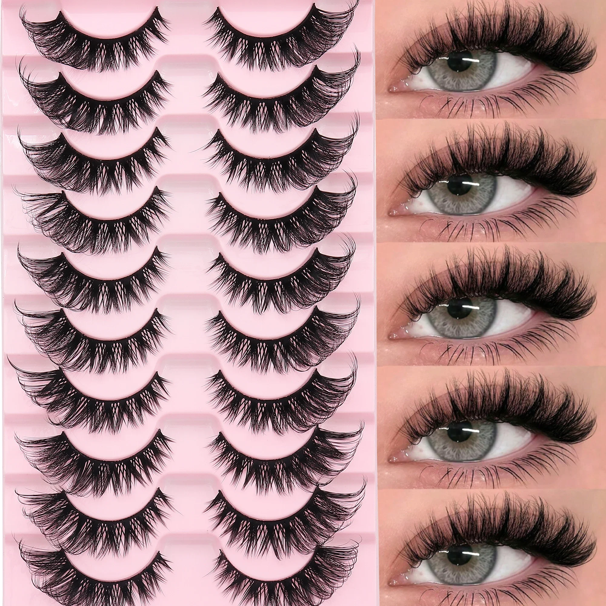 10 Pairs Russian Volume False Eyelashes D-Curl Faux Mink Full Strip Lashes Fluffy Dramatic Reusable for Daily Party Eye Makeup