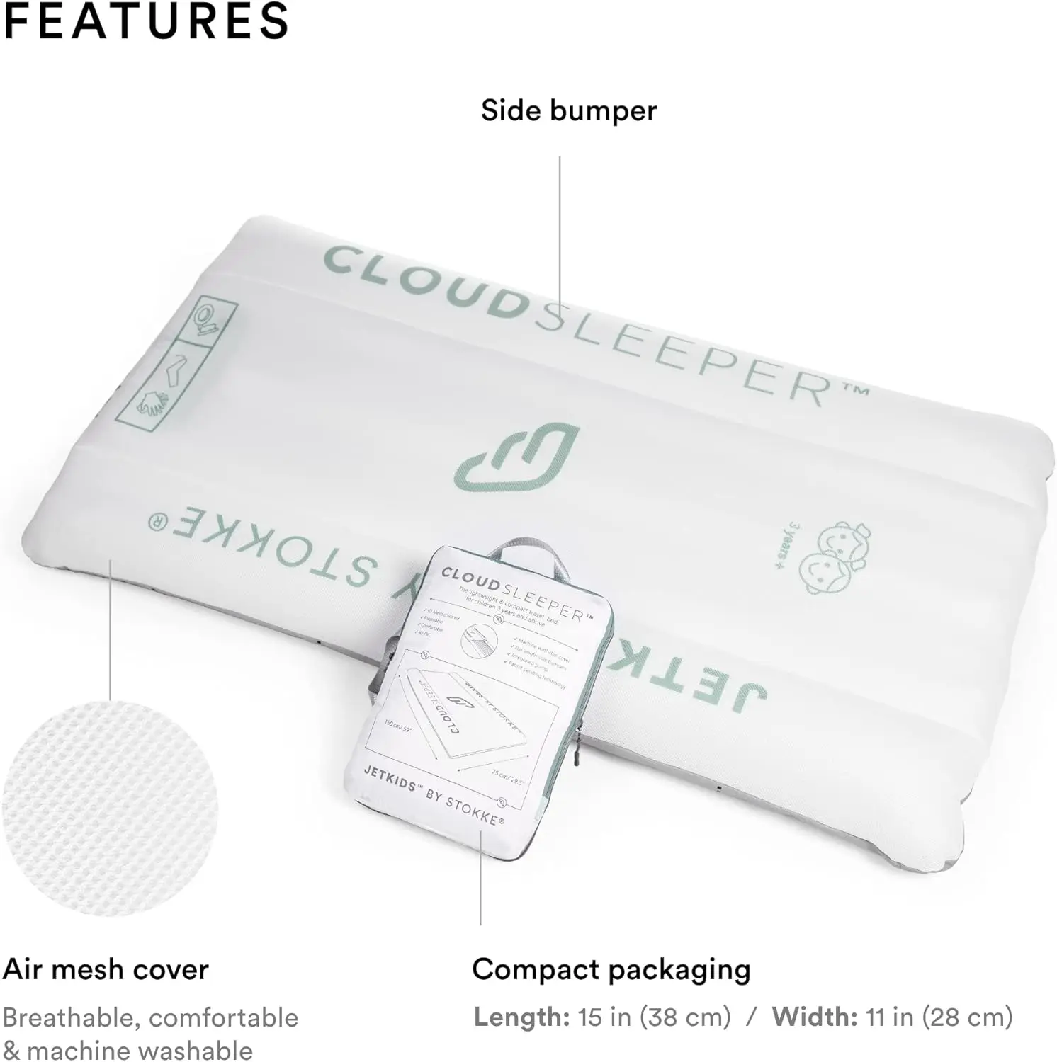 by Stokke CloudSleeper - Kids Inflatable Travel Bed - with Integrated Pump, Breathable Mesh Cover & Full-Length Bumpers to Keep