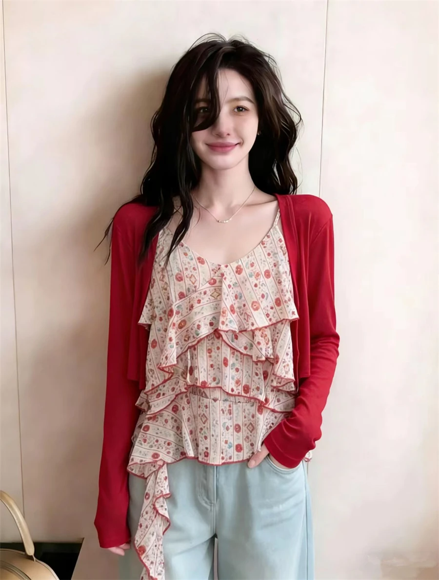 

plus Size Summer Korean Style Slimming Asymmetrical Lace Trim Top And Vest Set Fashionable Casual Wear Breathable Long Sleeve