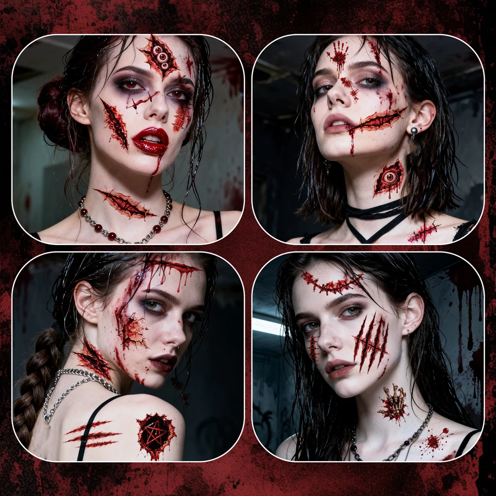 10pcs Halloween Fake Scar Tattoo Stickers Zombie Scar Temporary Tattoos Fake Bloody Wound Stitches Scar Decals for Body Makeup