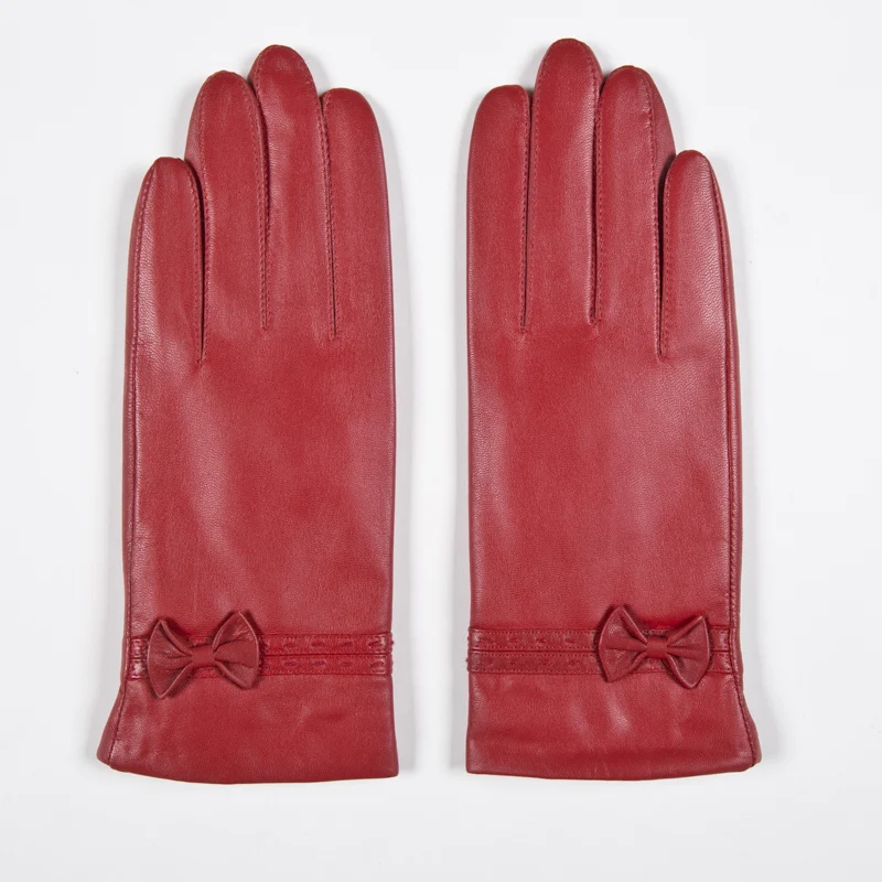 GOURS Winter Real Leather Gloves Women Red Genuine Goatskin Gloves with Fleece Lining Warm Driving Fashion Bowknot New GSL006