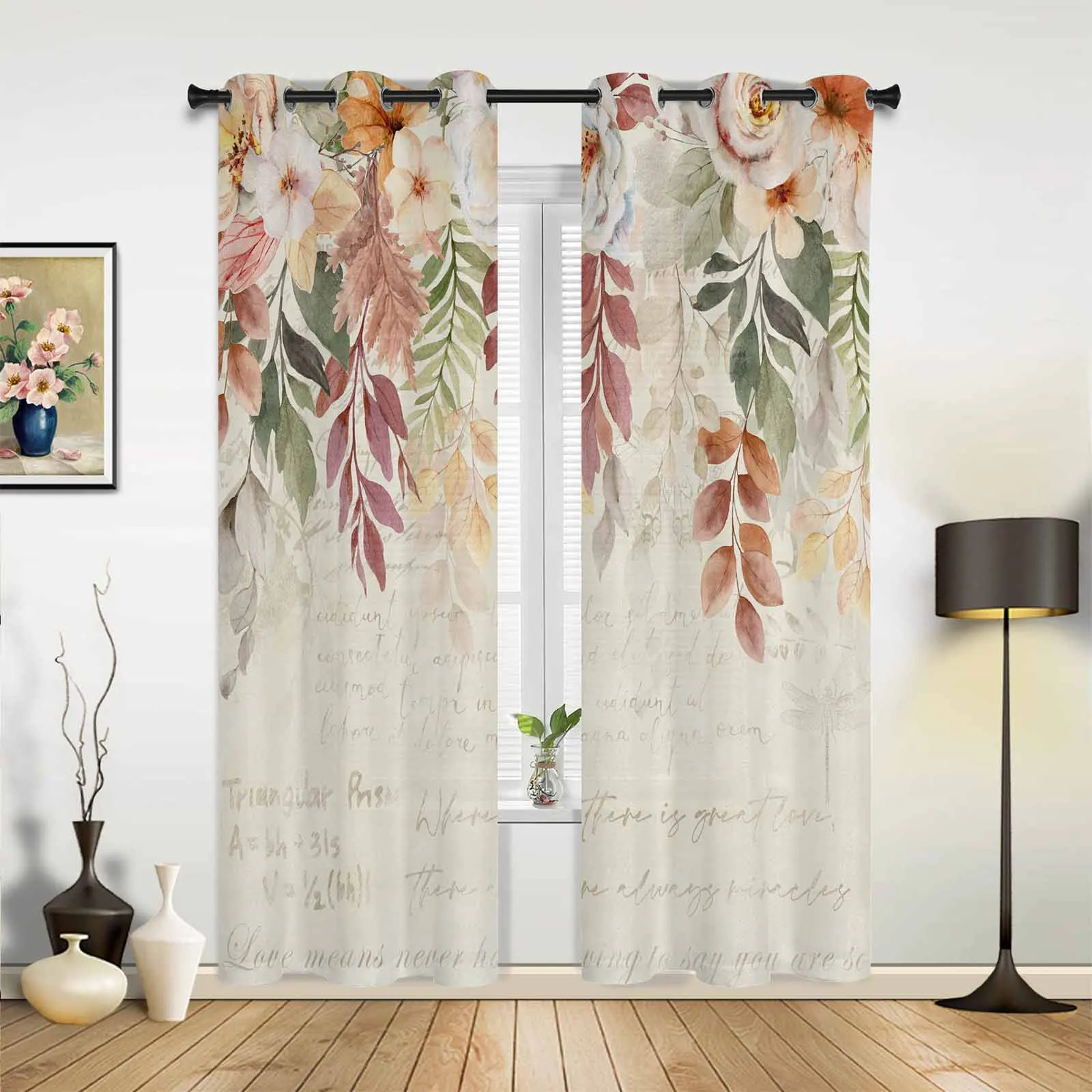 Autumn Thanksgiving Plant Leaves Flower Beige Letter Modern Hall Curtains for Living Room Bedroom Window Curtains Hotel Drapes