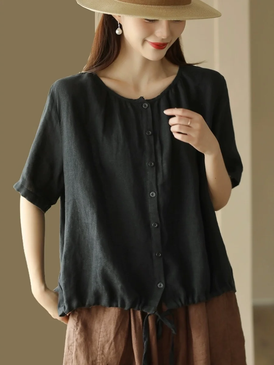 

Retro Dstring Waed Linen ort Sve round Ne Open Cardigan Pure Color Loose irt for Women Summer Breathable Comfor...