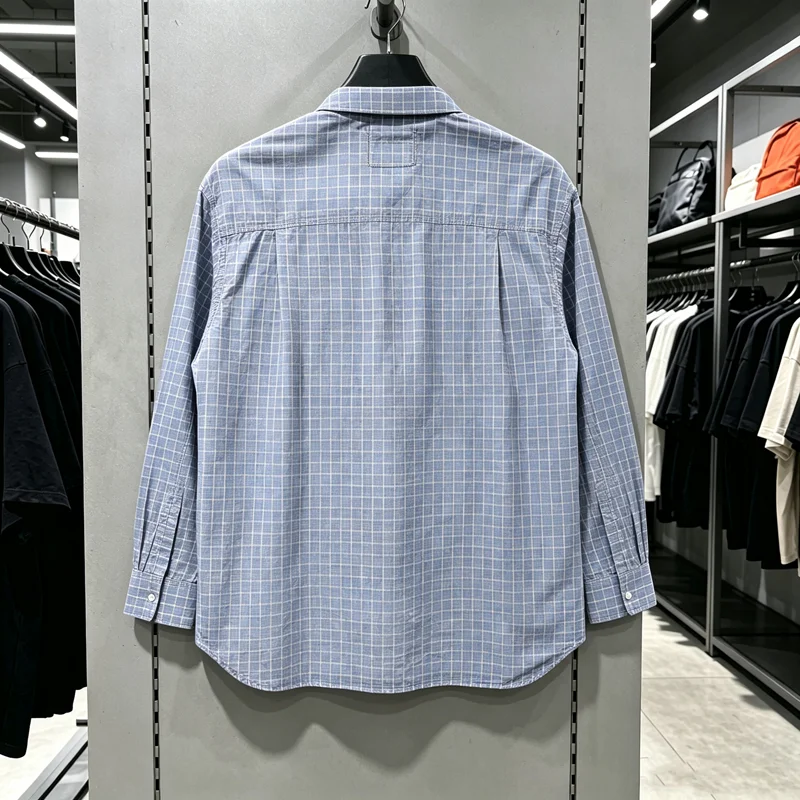 Paper Label Madness Mdns Plaid Blue Shirt Japan Tokyo Clothes Men Women High Quality Loose Casual V-shape Long Sleeve Shirt Tops