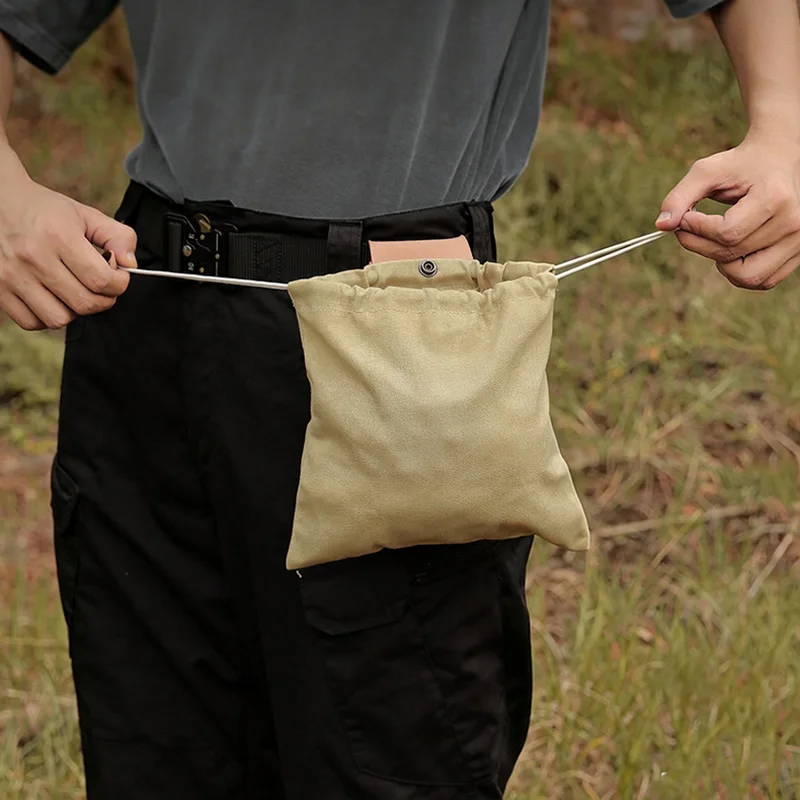 Portable Foldable Drawstring Coin Purse Canvas Waist Storage Pouch Field Work Foraging Bag for Outdoor Hiking Camping Picking
