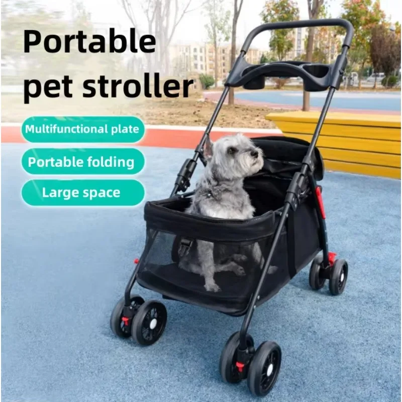 4-Wheel Foldable Pet Stroller - Lightweight Portable Dog Cat Carrier Cart with  Tray for Small Animals Outdoor Walking