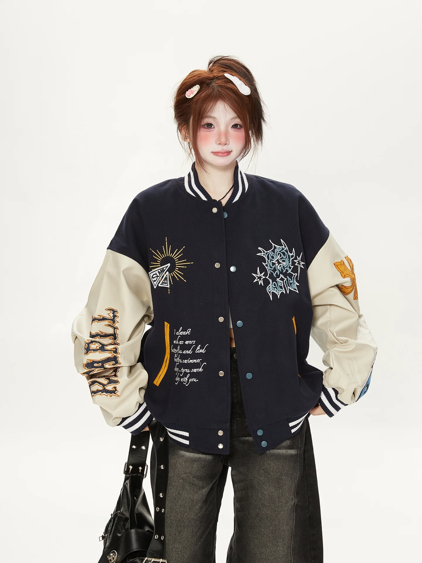 Solto ajuste retalhos bordado beisebol jaet feminino outono couro sve outerwear rua sle adient azul jaet