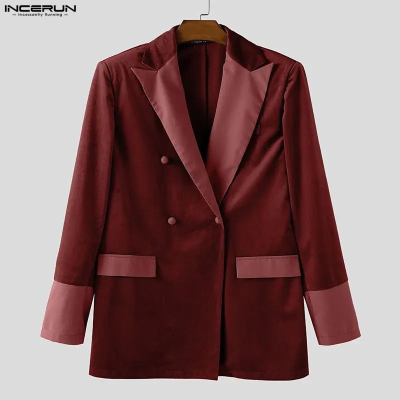 

INCERUN мужской пиджак велюровый лоскутный повседневный костюм с лацканами и длинными рукавами мужская уличная одежда двубортный элегантный модный мужской тонкий костюм