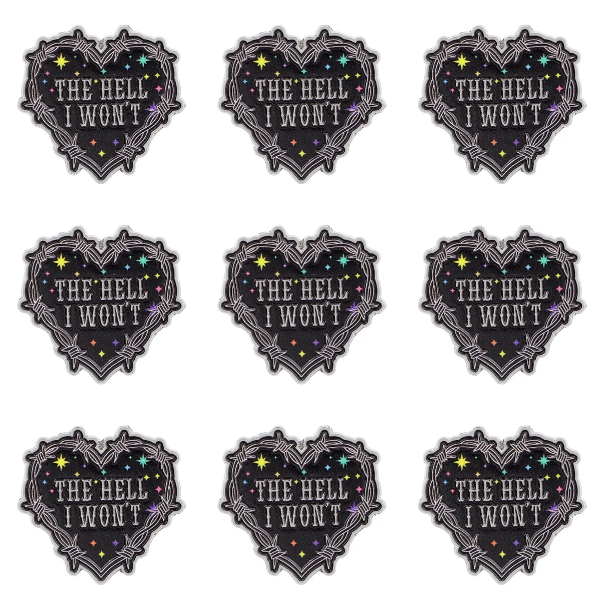 9 Stück Lustige Schwarze Herz-Emaille-Pins mit dem Zitat "THE HELL I WON'T", Brosche, Anstecknadel, Deko-Accessoires für Rucksack, Jacke, Kleidung, Geschenk – Detail 2