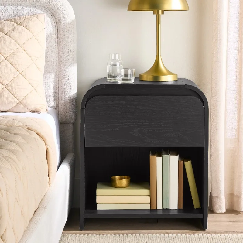 

Nightstand with USB, Drawer and Shelf for Bedroom, Rich Black,Assembly Required,Modern Style,Excelletn Craftsmanship