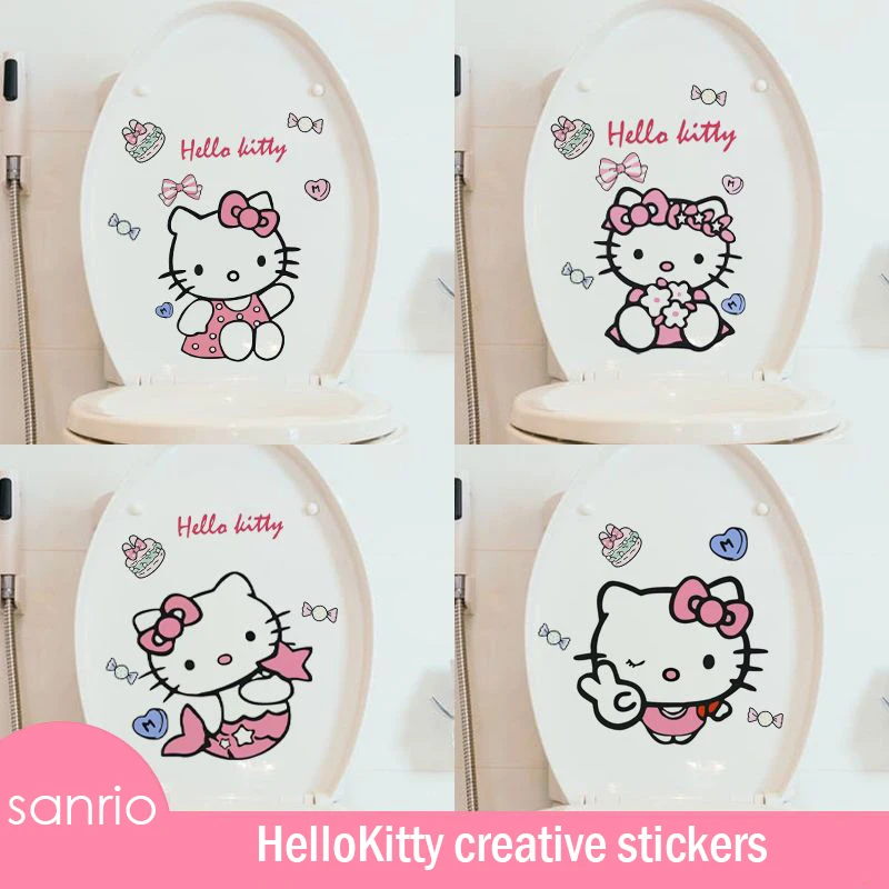 Kawaii Sanrio Creative Hellokitty Cute Bathroom Decorative Stickers Toilet Waterproof Luggage Refrigerator Sticker Waterproof