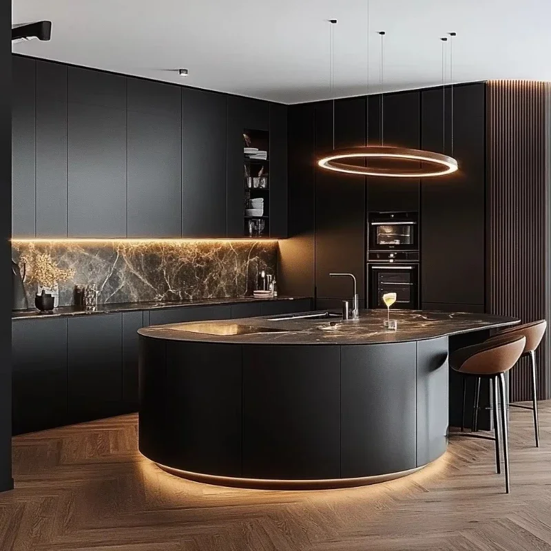 Luxury Black Stainless Steel Surface Cabinets Italian Furniture Made in China Kitchen Cabinets with Sink Complete Kitchen