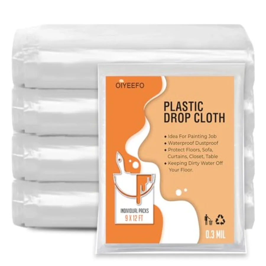 

Clear Plastic Sheeting Drop Cloths for Painting, 5 Pcs 9x12ft Plastic Tarp Waterproof Dustproof Almost Tear Resistance Multi-Pu