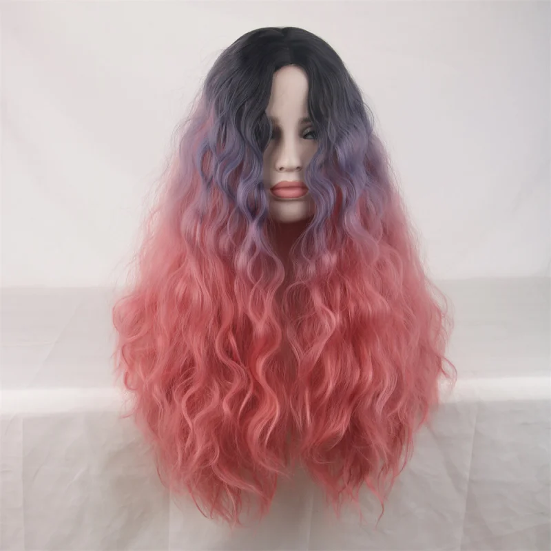

Розовый градиент в европейском и американском стиле, парик из кукурузного шелка, парик из синтетических волос для женщин, средняя часть, длинные вьющиеся волосы, парик с большими волнами H