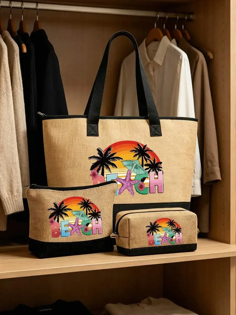 Beach Tote Bag Set With Cosmetic Pouches Linen Canvas Travel Beach Accessories