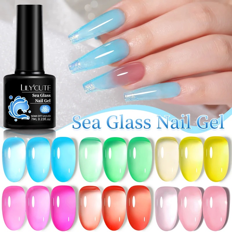 LILYCUTE 6Pcs 7ML Jelly Glass Gel Nail Polish Set Sea Blue Varnish Semi-transparent Nail Art Semi Permanent UV Gel Varnish image 2