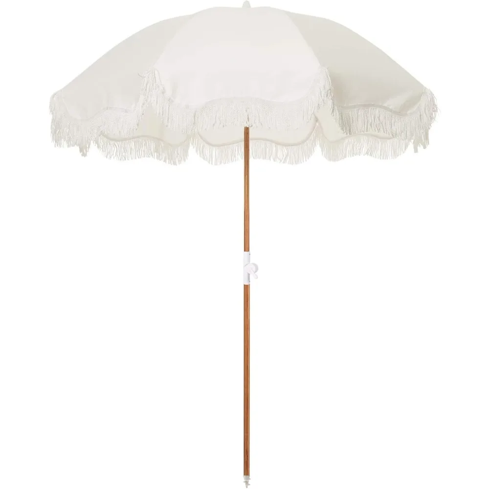 

Business & Pleasure Co. Holiday Umbrella - Boho Beach Umbrella with White Fringe, UPF 50+, 1" Tilting Wood Pole, 5’ x 6.5’, Anti