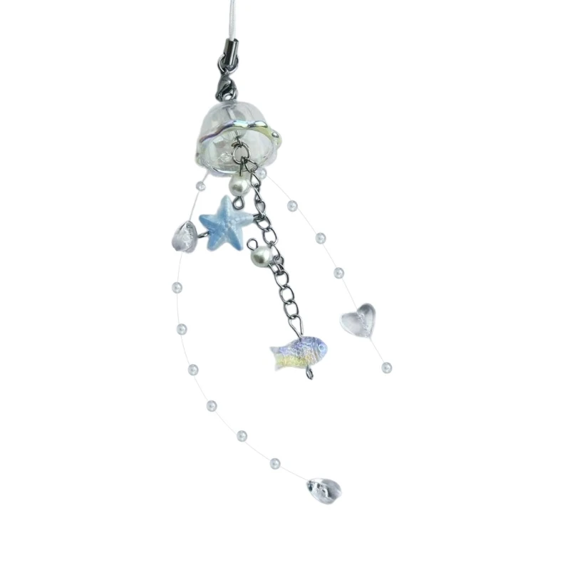 Trendy Jellyfish Charm Phone Keychain with Crystal Star and Pearls Accents