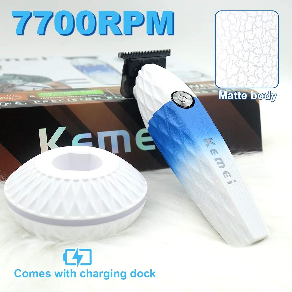 

KEMEI KM-1690 Professional Hair Trimmer with DLC Blade T-Blade 7700RPM 10W Base Charger 1600mhA Matte Body Barber for Men