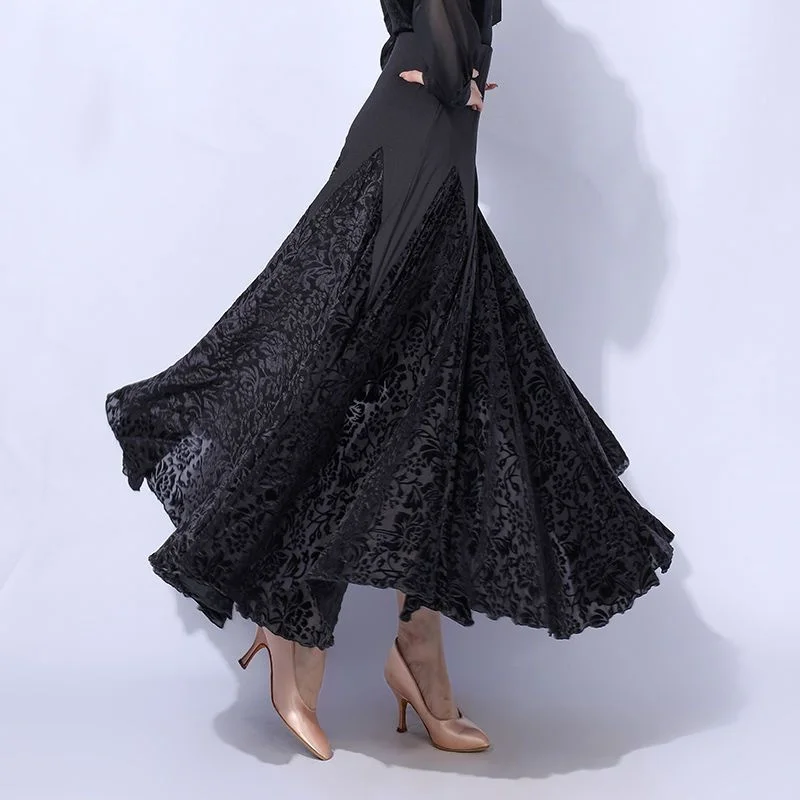 women Black Ballroom Dance Skirt  Elegance Practice Wear Flamenco Clothes Waltz Competition Costume Stage Performance Outfits