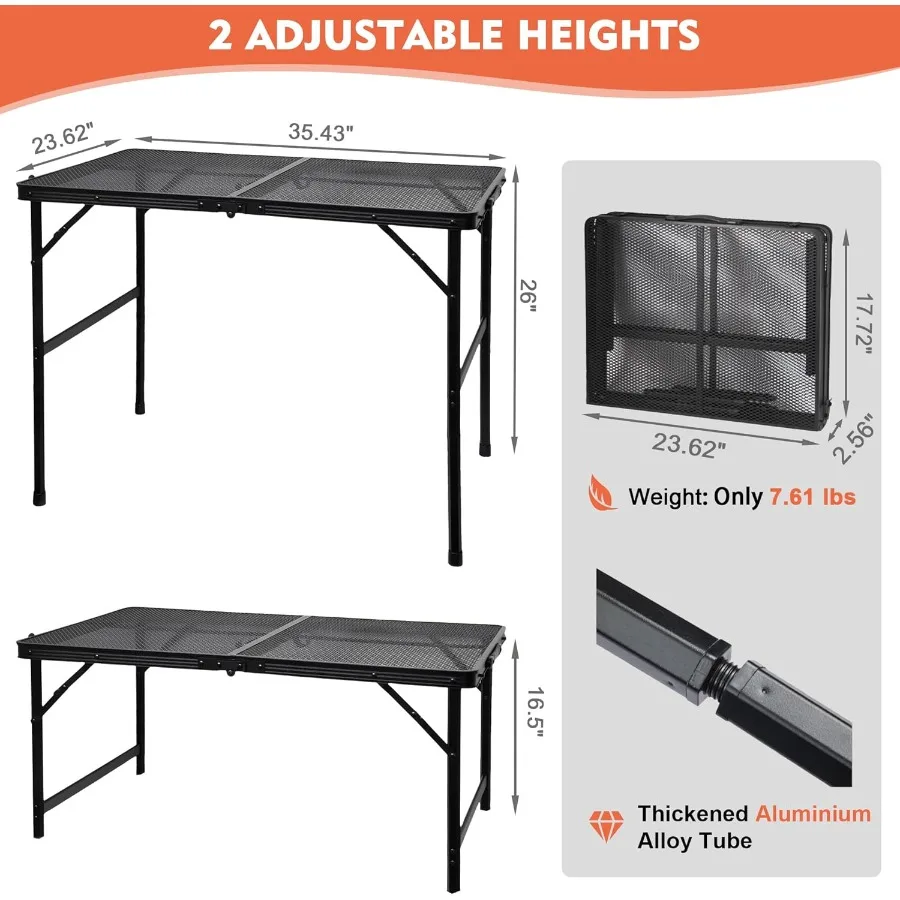 طاولة تخييم خارجية معدنية خفيفة الوزن ومحمولة قابلة للتعديل مع سطح مكتب شبكي للطهي والشواء والنزهات الخارجية أ