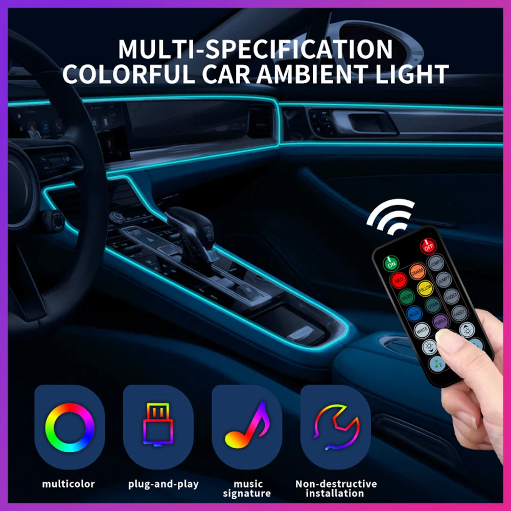 Car Interior Atmosphere Light 3m 64color LED Strip DIY Flexible EL Cold Line Tube With USB Decoration Ambient Lamp APP Remote