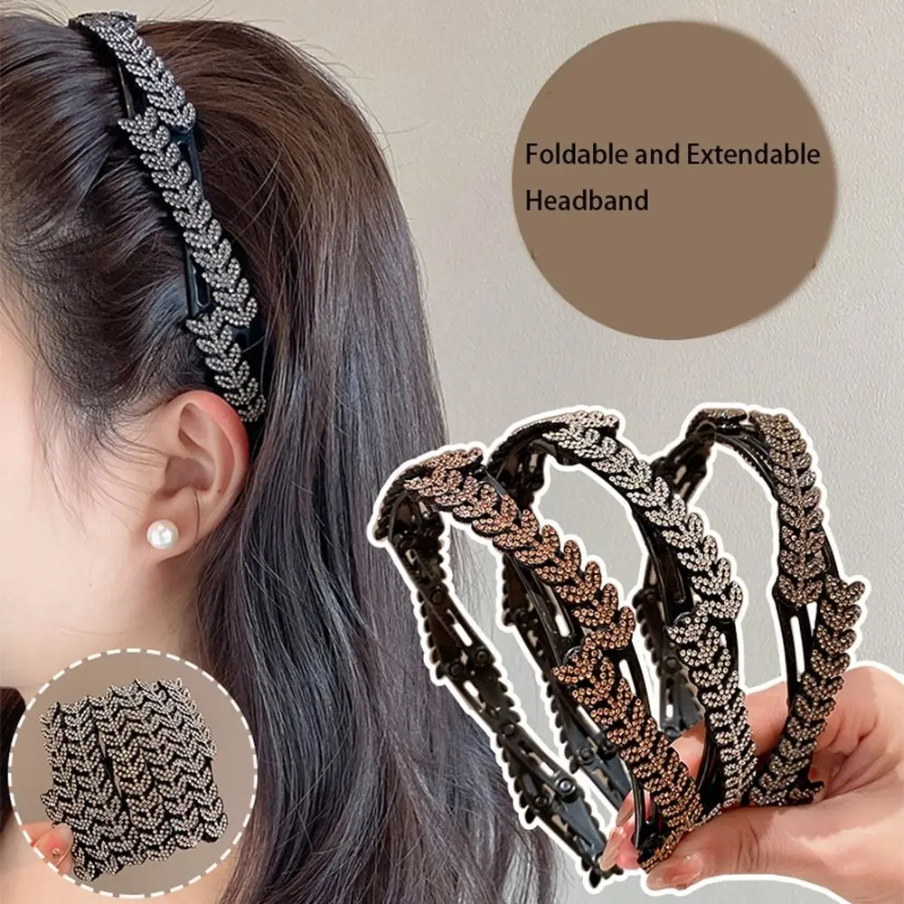 Cute Foldable Rhinestone Headband Extendable Thin Pearl Hair Band Hair Clip Korean Style Headwear Female Hair Accessories