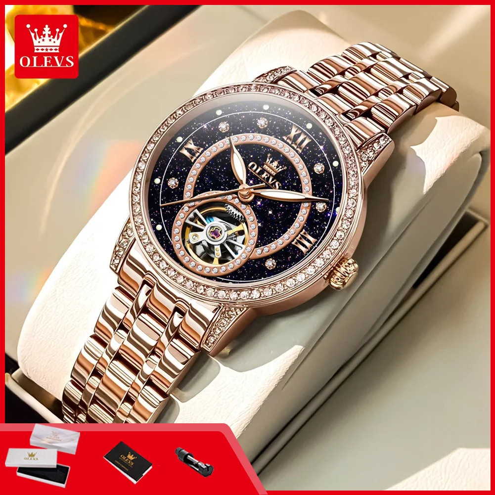 OLEVS 7036 Automatic Watches for Women Steel Strap Starry Sky Hollow Flywheel Mechanical Woman Watch Luxury Diamond Wristwatches