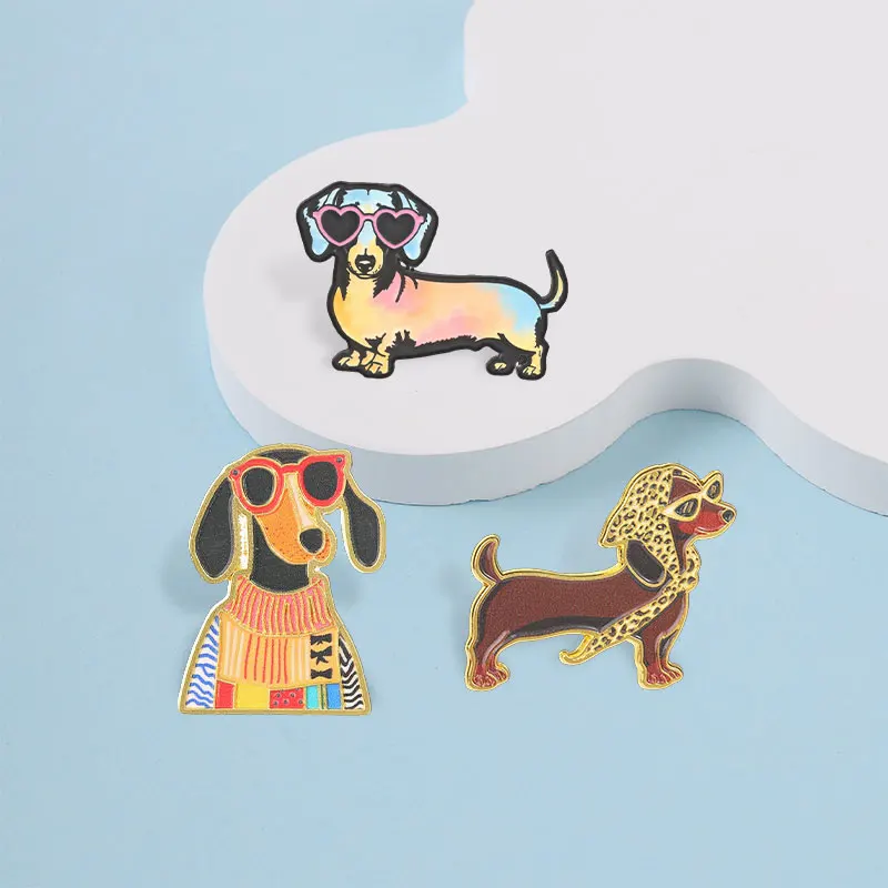 Niedliches Dackel-Emaille-Abzeichen, lustige Sonnenbrille und Blume, Wiener-Hund-Anstecknadel, Brosche, Schmuck, Geschenk für Freunde – Detail 6