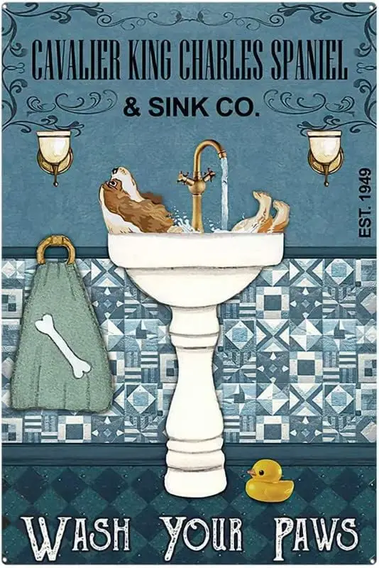 Sink Company Cavalier King Charles Spaniel Signs Wash Your Paws Dog Signs Funny Toilet Shower Room Bathroom House Vintage Metal